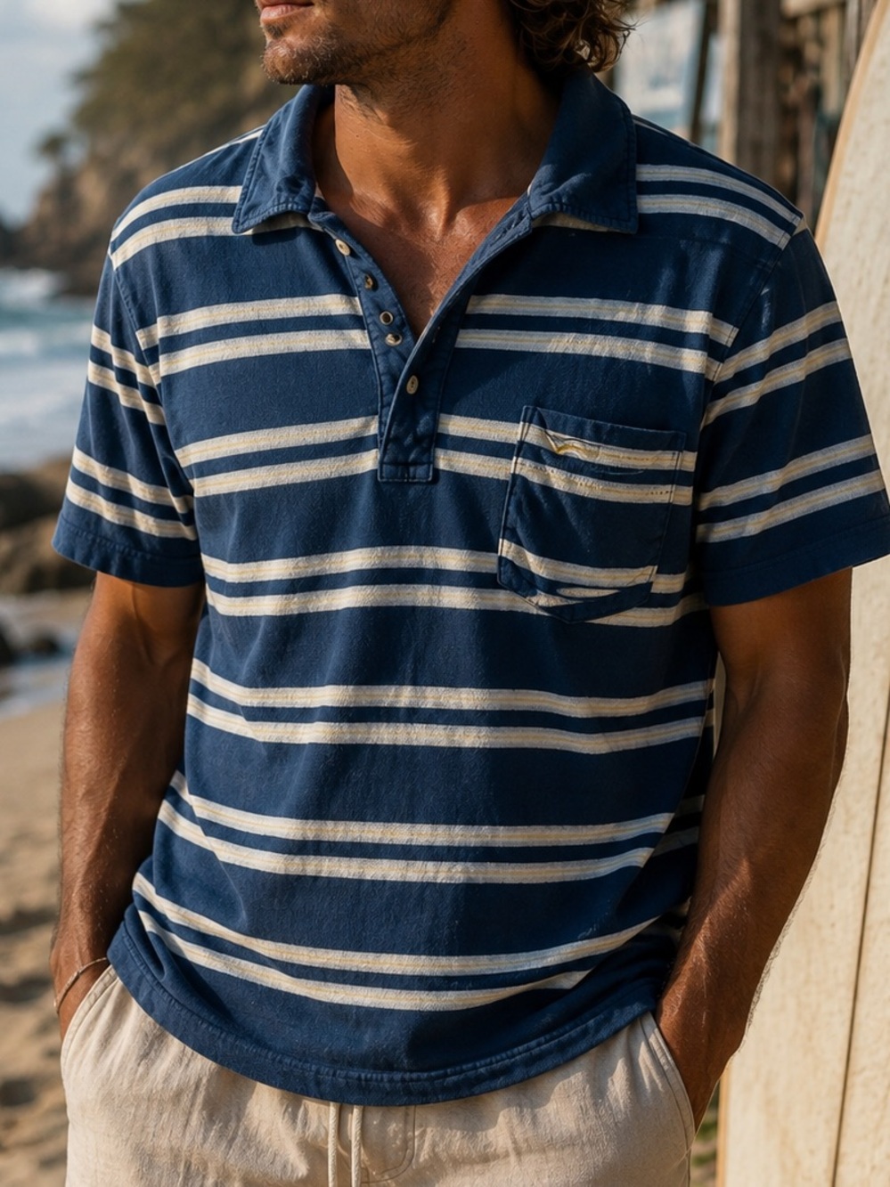 VTG 90s OG Label Hollister Blue Stripe Pocket Polo Surfer Preppy Coastal